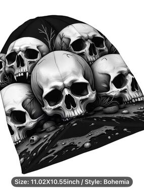 Black Skull Print Beanie Hat - Men Accessories